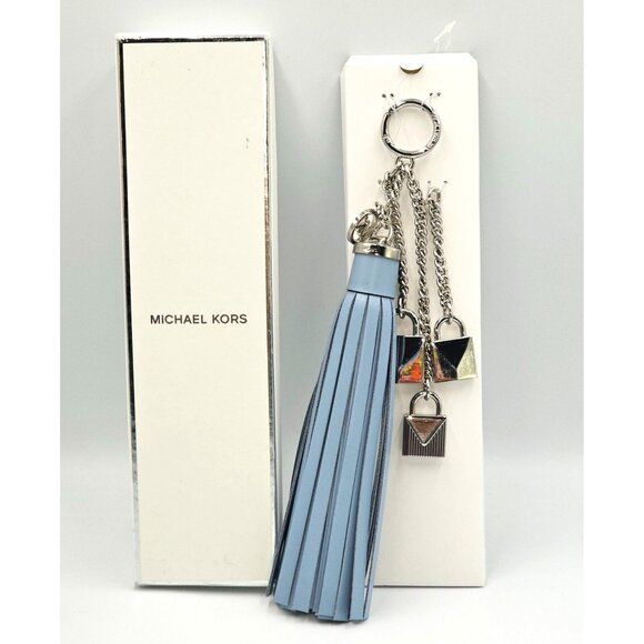 NWB Michael Kors Mercer Lock Tassel Key Charm Leather Pale Blue 2857 - Picture 2 of 8